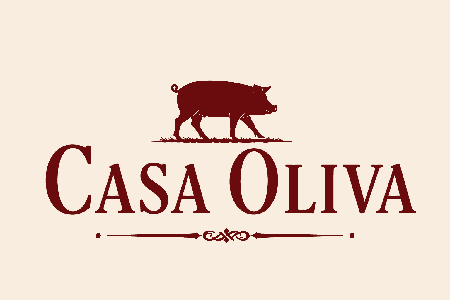 Logo Casa Oliva em vermelho escuro com silhueta de porco sobre o nome