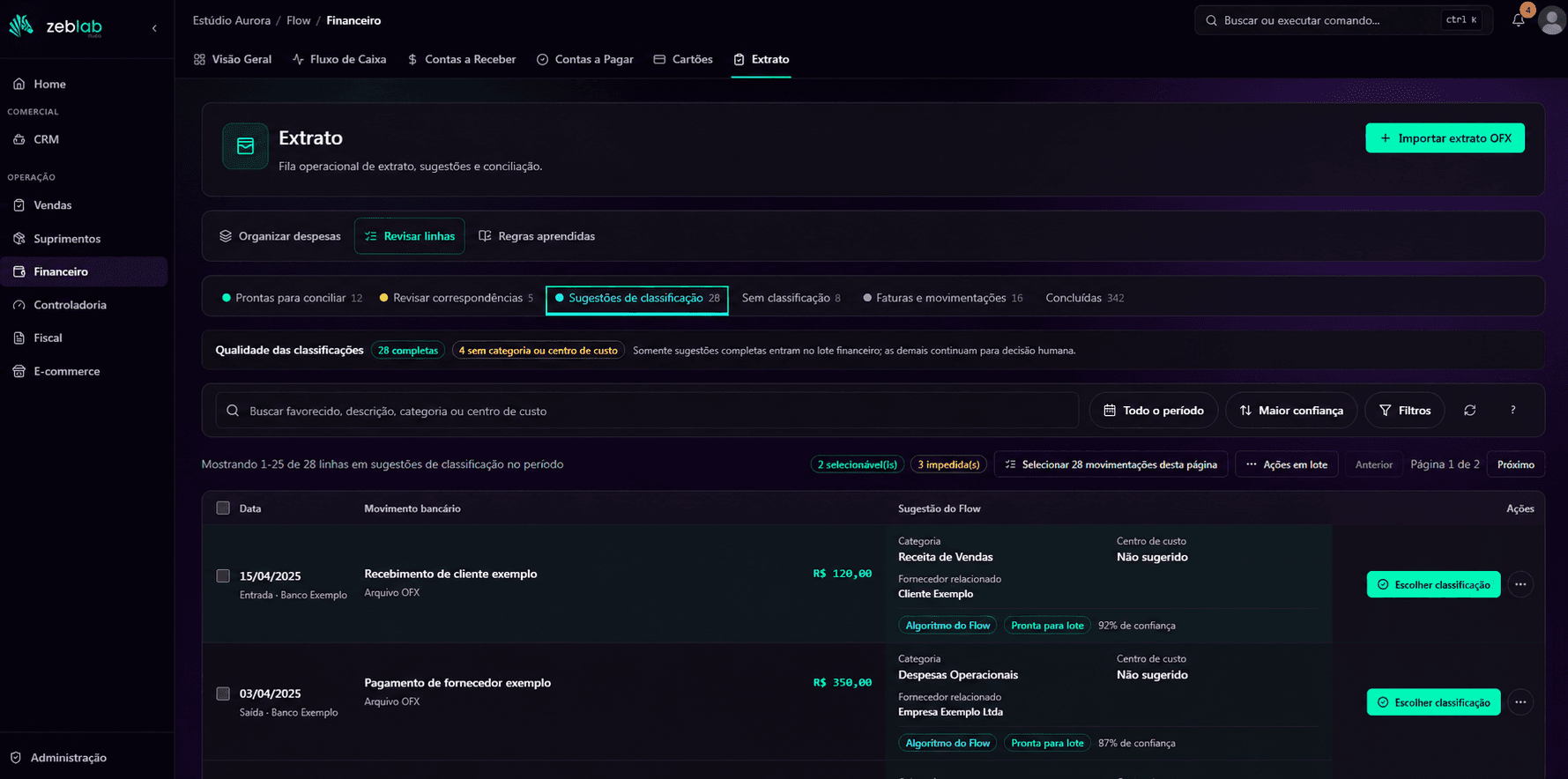 Extrato financeiro do Flow com sugestões de classificação e lançamentos fictícios