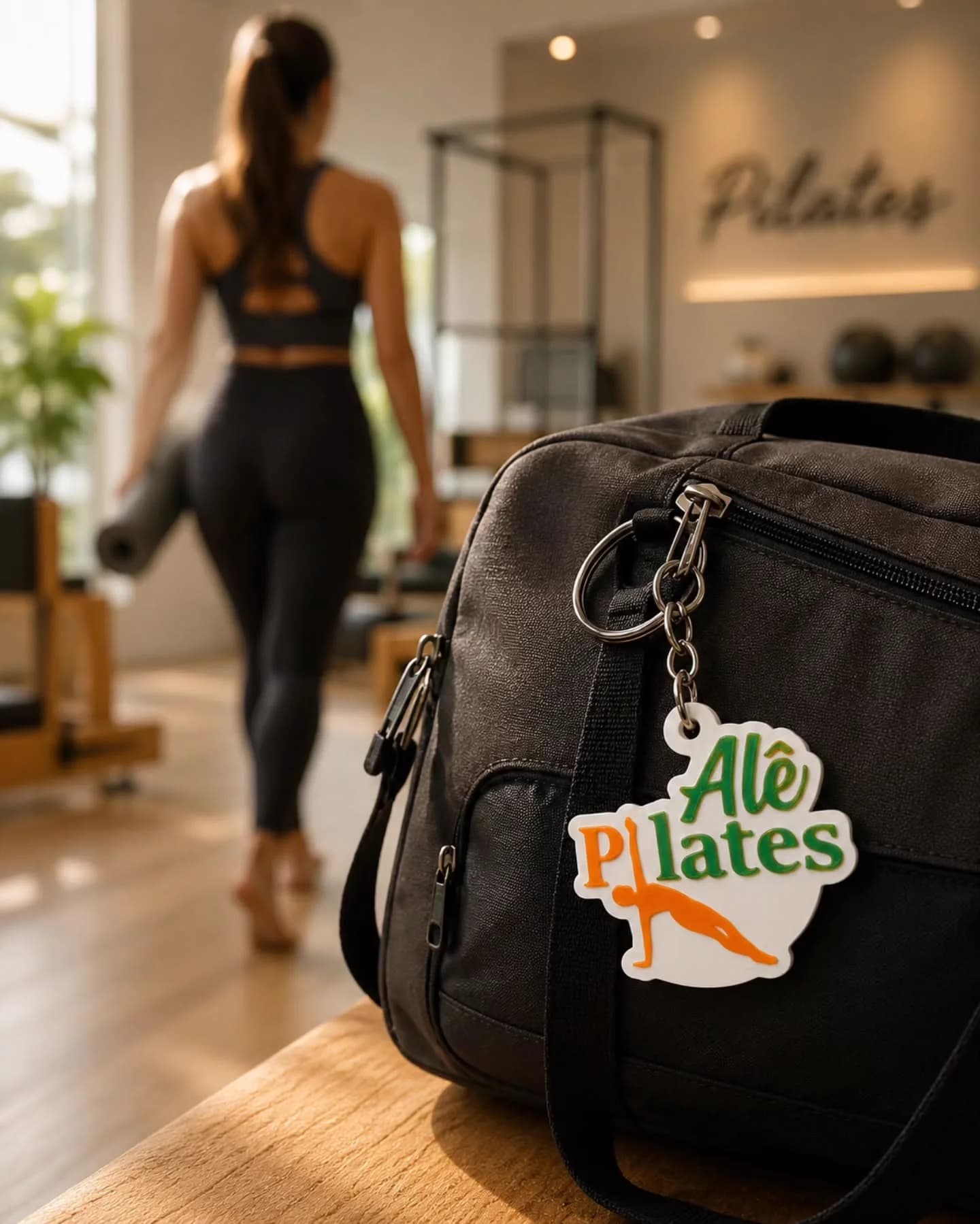 Chaveiro com o nome Alô Pilates preso a uma bolsa de academia