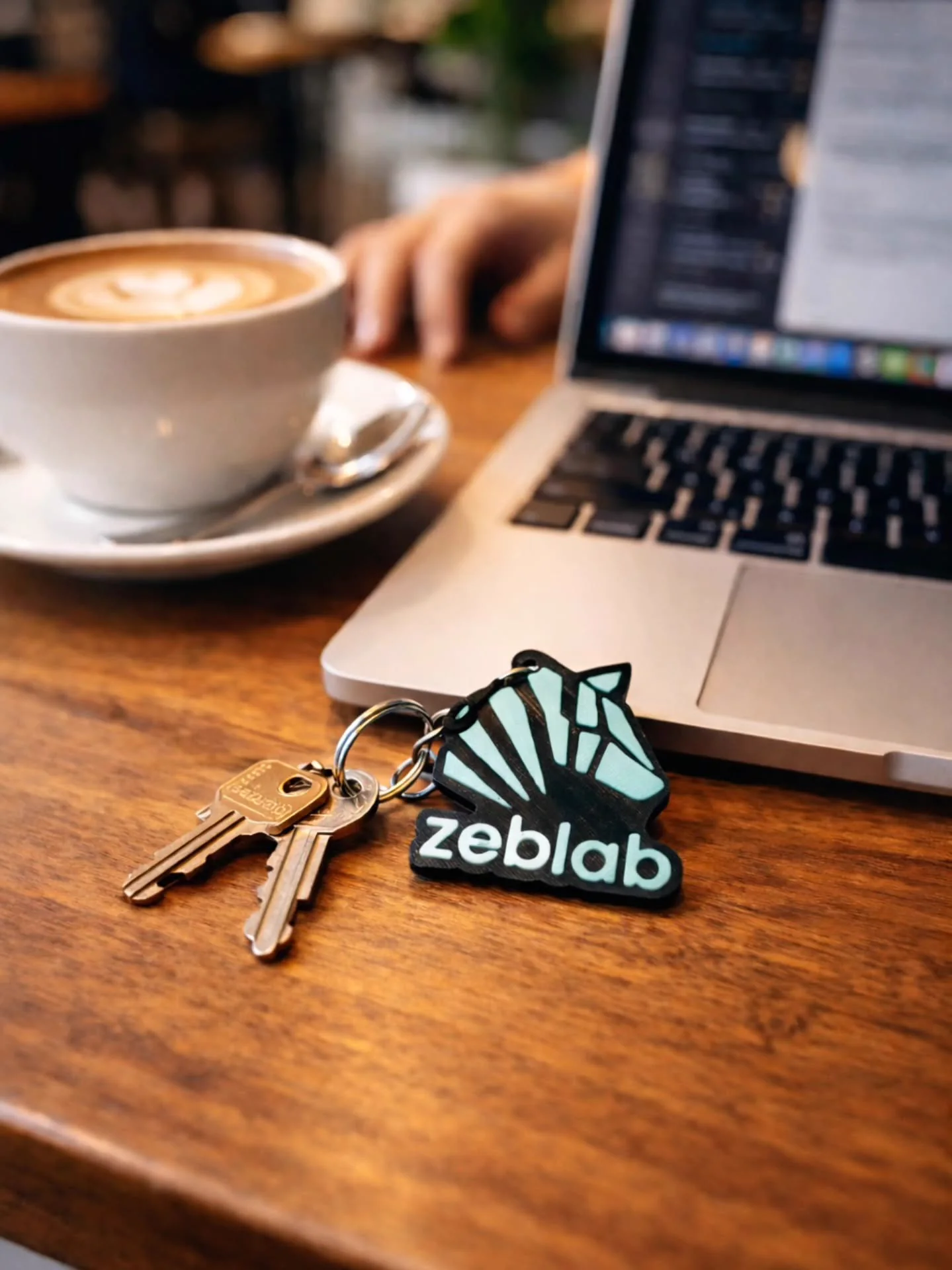 Chaveiro físico com a zebra e o nome Zeb Lab ao lado de chaves e um notebook