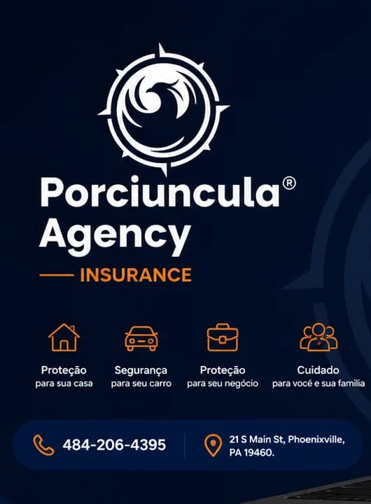 Símbolo e assinatura Porciuncula Agency em azul e branco com detalhes laranja