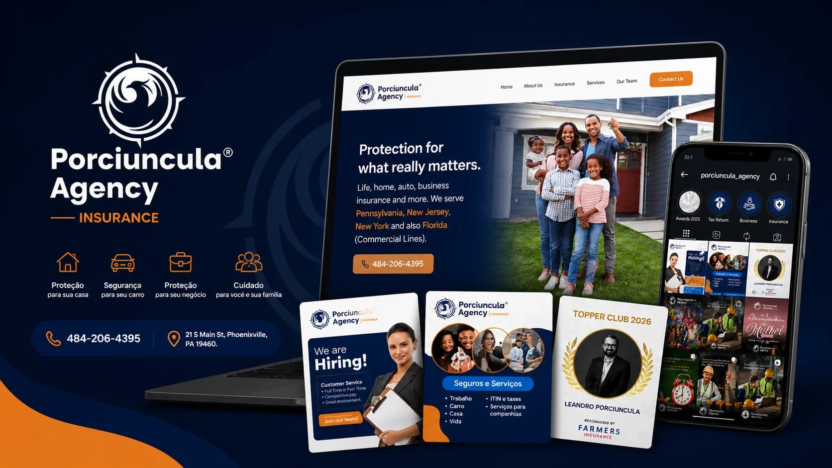 Composição da identidade Porciuncula Agency com marca, site e peças de comunicação