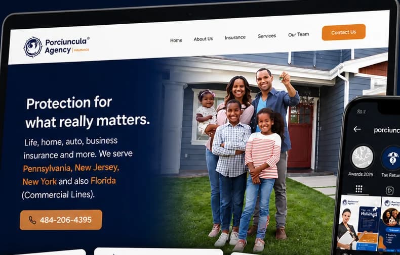 Apresentação do website da Porciuncula Agency em tela de notebook