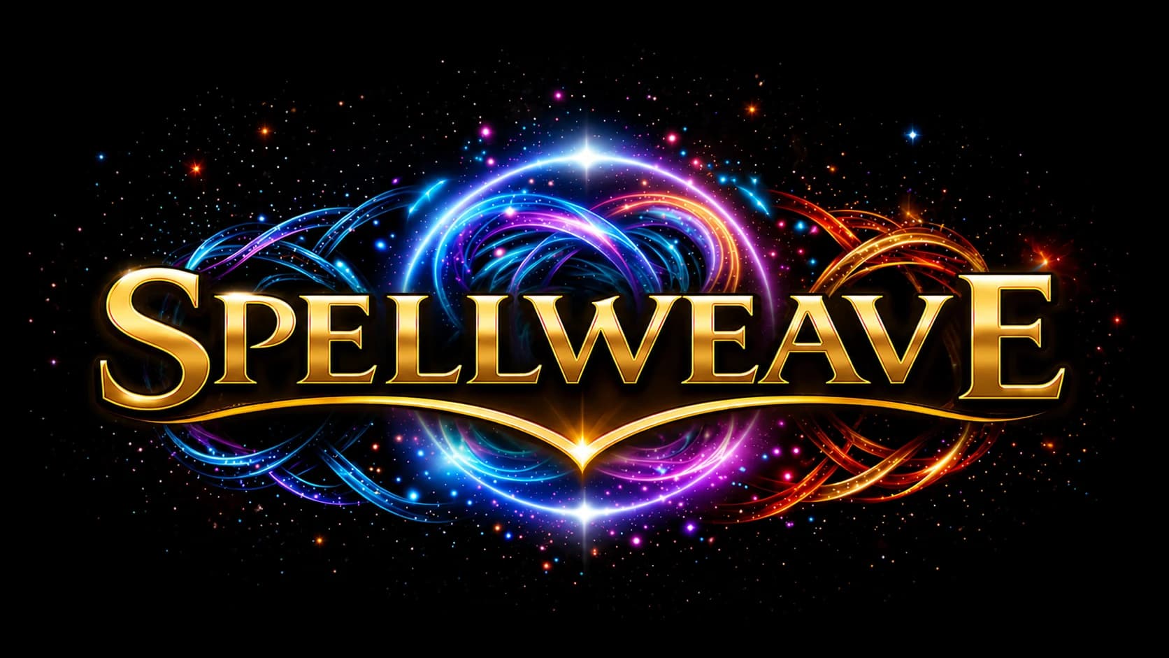 Identidade Spell Weave com lettering dourado e efeitos luminosos azuis e violetas